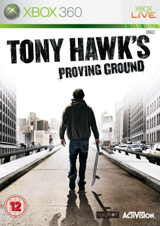Framsidan av spelboxen till TV-spelet Tony Hawk's Proving Ground på xbox 360 i europeisk PAL utgåva