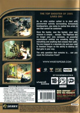 Baksidan av spelboxen till PC-expansionen F.E.A.R Exteraction Point - Best seller series till PC i europeisk utgåva.