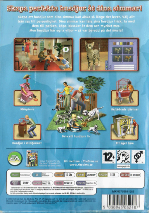 Baksidan av spelboxen till datorspelet (expansionen) The sims 2 djurliv till PC i svensk/europeisk pal utgåva.