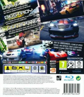 Baksidan av tv-spelet Ridge Racer Unbounded till ps3 i europeisk pal utgåva