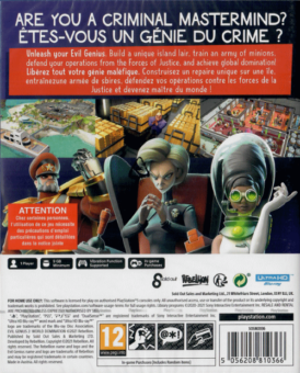 baksidan av spelboxen till tv-spelet Evil Genius 2 World Domination till Playstation 5 i europeisk pal utgåva