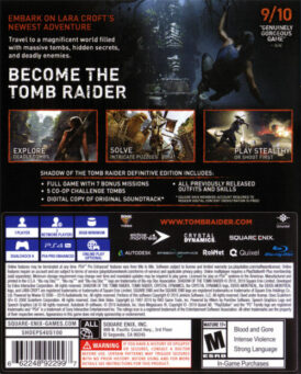 baksidan av spelboxen till tv-spelet Shadow of the Tomb Raider - Definitive Edition på Playstation 4 i nordamerikansk ntsc utgåva