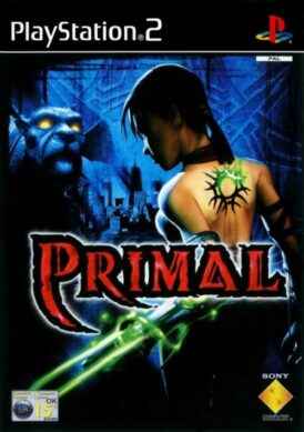 framsidan av spelboxen till tv-spelet Primal på Playstation 2 i europeisk pal utgåva.