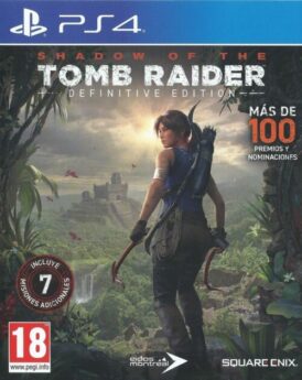 framsidan av spelboxen till tv-spelet Shadow of the Tomb Raider - Definitive Edition på Playstation 4 i europeisk pal utgåva