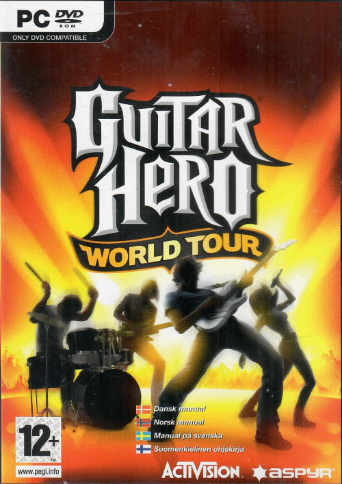 framsidan av spelboxen till tv spelet Guiter hero world tour till windows pc i nordisk och europeisk pal utgåva