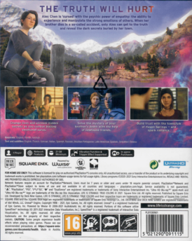 baksidan av spelboxen till tv-spelet Life is Strange True Colors på Playstation 5 i europeisk pal utgåva
