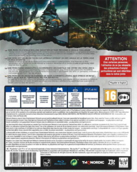 baksidan av spelboxen till tv-spelet Sine mora ex till playstation 4 i europeisk pal utgåva