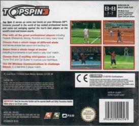 baksidan av fodralet till den europeiska utgåvan av Top spin 3 till Nintendo DS