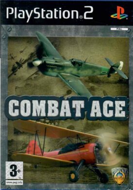 Framsidan av playstation 2 spelet Combat Ace's fodral. Skildrar två stycken WWII-era plan över en grönaktig bakrund.